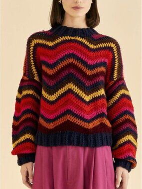 NWOT Farm Rio Women's Colorful Waves Crochet High Neck Sweater, Sz Medium